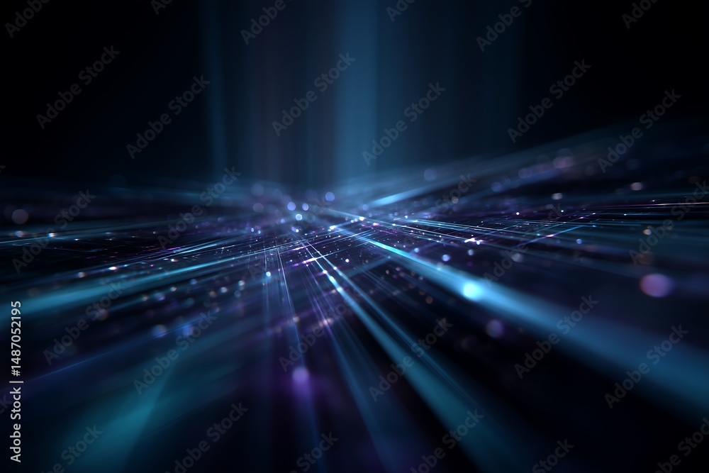 Poster symmetrical grid of abstract tech shapes with layered holographic interfaces, floating data points, 