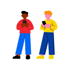 Two diverse young people engrossed in their smartphones.