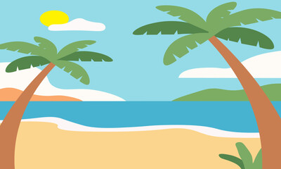 Vibrant Beach Scene with Palm Trees and Sunny Day