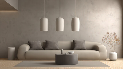 Modern neutral taupe living room design featuring soft lighting and contemporary decor elements