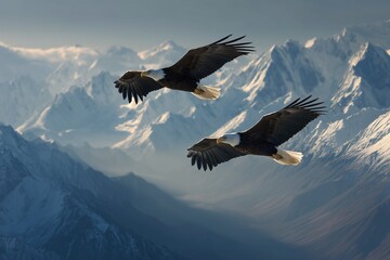 Fototapeta premium Majestic Eagles Soaring Over Snow-Capped Mountains