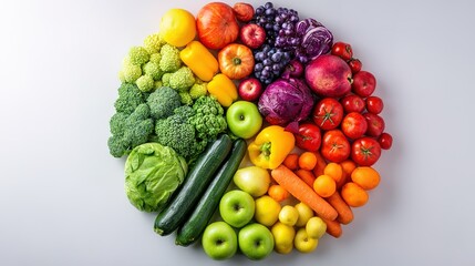 Colorful circle of fresh fruits and vegetables, celebrating nature's bounty and healthy eating.