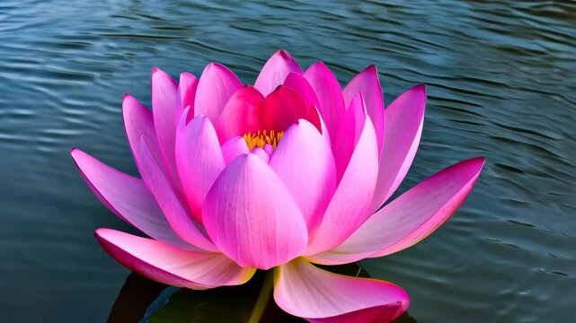Close-up of a vibrant pink lotus flower blooming in a tranquil pond with gentle ripples on the water surface.