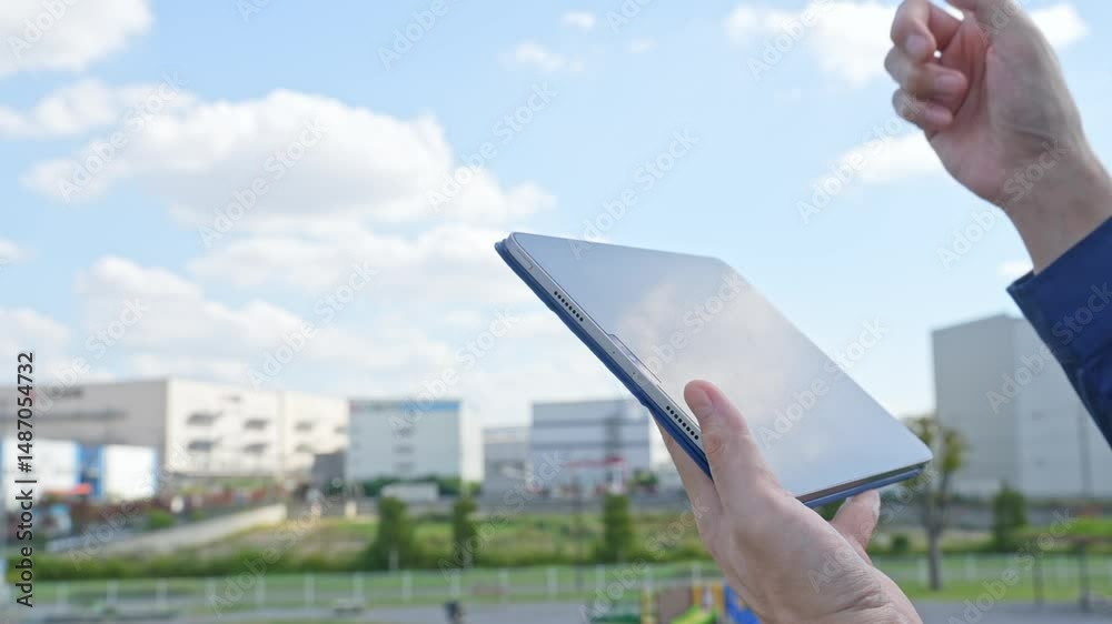 Poster 建物の前でタブレットpcを使う男性作業員