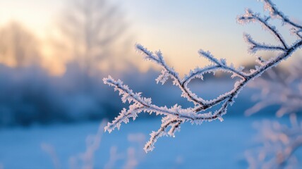 Obraz premium Close-Up of a Frost-Covered Branch at Sunrise