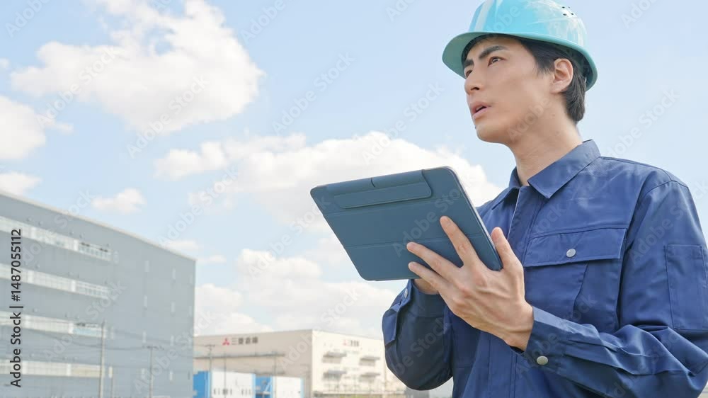 Poster 建物の前でタブレットpcを使う男性作業員