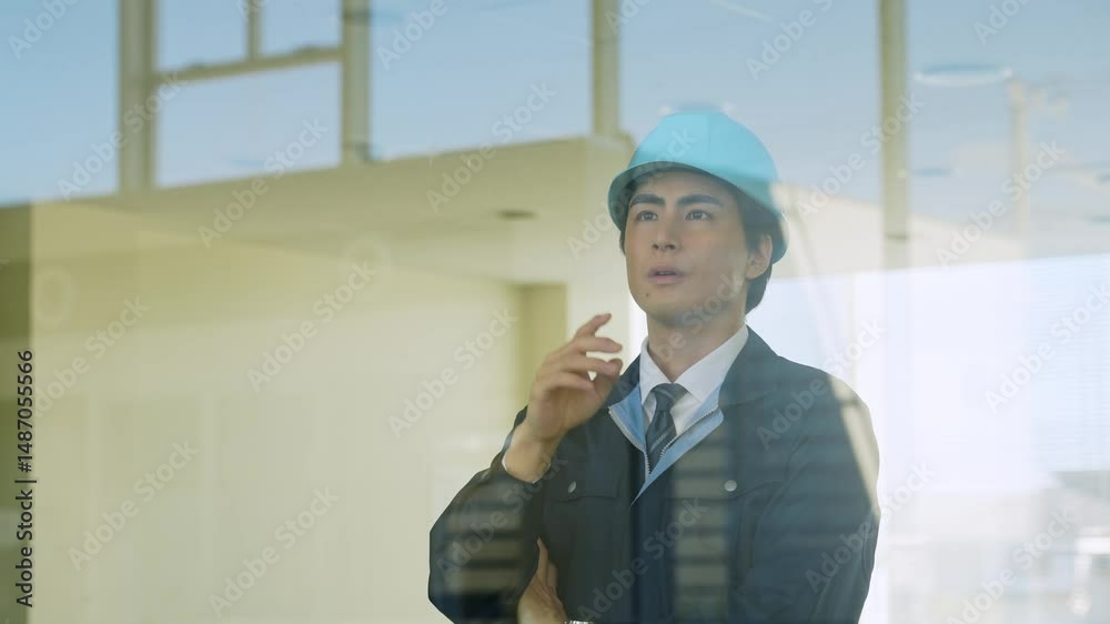 Aufkleber 建物の中でガラス越しに考える男性作業員