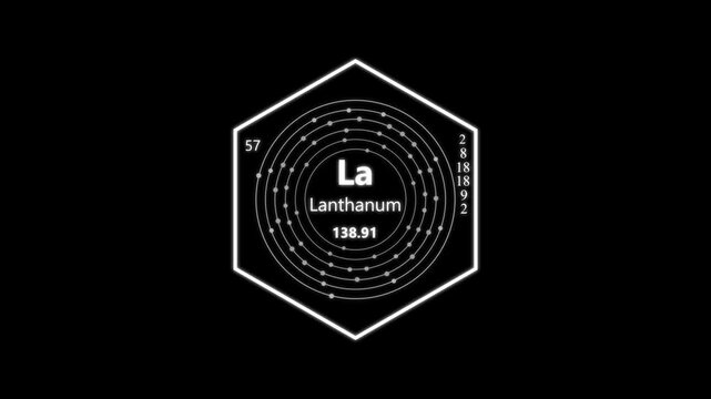 lanthanum chemical element periodic table on background. animated periodic table.Shows name, atomic weight and element number.