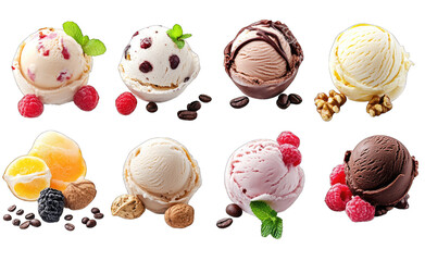 A Collection Of Eight Different Ice Cream Scoops Isolated On A Transparent Background Flavors Include Vanilla Chocolate Strawberry Coffee And Fruit The Scoops Are Decorated With Raspberries Coffee Bea