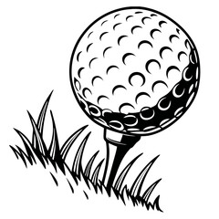  Golf Ball on Tee with Grass Black and White Illustration
