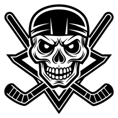 Ice Hockey Skull Logo Vector, Aggressive Hockey Emblem with Crossed Sticks, Sports Team Badge, Black and White Vector Design