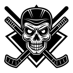 Ice Hockey Skull Logo Vector, Aggressive Hockey Emblem with Crossed Sticks, Sports Team Badge, Black and White Vector Design