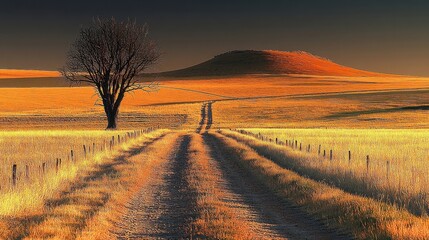 Obraz premium Golden Field with Lone Tree and Path Leading to Distant Hill at Sunset