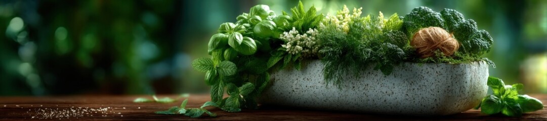 Herb garden with fresh basil mint dill and thyme in a white planter. Generative AI