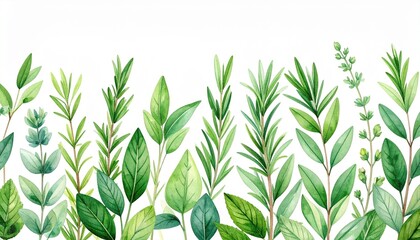 Fototapeta premium Watercolor Painting of Fresh Culinary Herbs Rosemary Sage Thyme and More Perfect for Cooking Blogs or Recipe Books