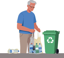 Elderly man sorting plastic bottles for recycling near green bin vector illustration 