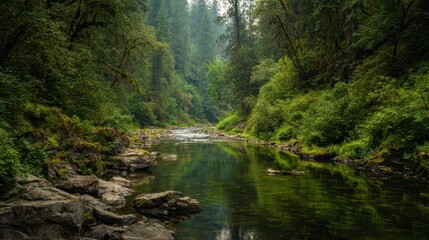 Obraz premium Serene Forest River with Reflective Water Surrounded by Lush Greenery and Rocky Shores in a Tranquil Natural Landscape