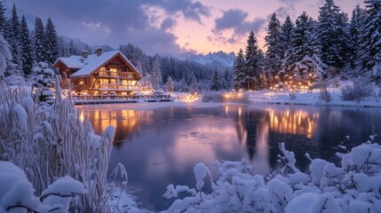 Fototapeta premium Frozen pond shimmering under pastel skies surrounded by softly illuminated reeds and snow-draped trees, Generative AI