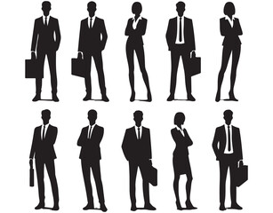 Professional Business People Silhouette Vector Set Featuring Male and Female Executives in Standing Poses with Briefcases &ndash; Ideal for Corporate, Office, Teamwork, and Leadership Concepts