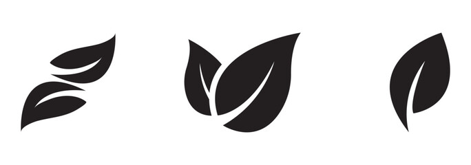 black leaves icons set isolated on white background vector illustration. Vegan, tree, plant, fresh, energy and healthy nutrition concept eps 10
