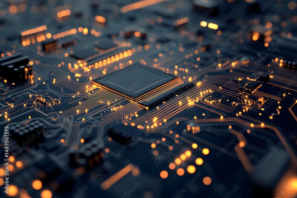 Poster illuminated computer circuit board with microprocessor and electronic components close up view
