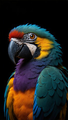 Fototapeta premium Colorful Parrot with Vibrant Plumage on Black Background, Realistic Digital Art