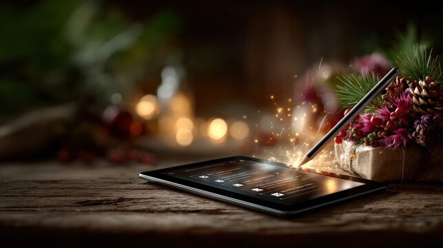 Tablet with stylus on wooden table with festive background. Generative AI