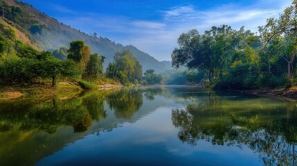 Serene River Landscape in Morning Light Surrounded by Lush Green Trees and Mountainous Terrain Under a Clear Blue Sky with Soft Clouds
