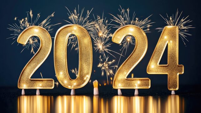 Golden 2024 numerals illuminated by sparklers.