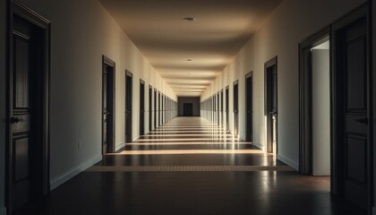Endless hallway with doors, perspective, architecture, light and shadow