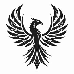 Fototapeta premium A bold vector illustration of a flying bird, blending the power of an eagle, the mystique of a phoenix, and tribal tattoo flair. With outstretched wings, sharp feathers, and a fierce head, this black 