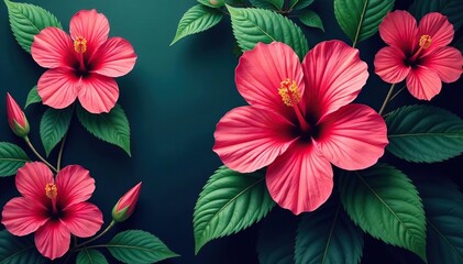 Bold vibrant hibiscus & tropical foliage, continuous print, illustration, floral wallpaper, floral