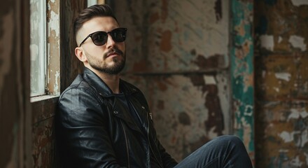 Stylish Man in Black Leather Jacket Posing by Grungy Window, Urban Fashion Photography. High quality professional stock photo suitable for commercial use.