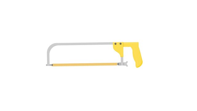 hacksaw with yellow handle on white background. tools. carpentry. workshop tools. simple animation. motion graphics 