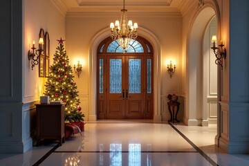 Elegant entryway, shimmering lights, festive decor, celebration, decor