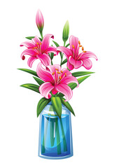 Beautiful pink lily flowers in a glass vase filled with water. Vector cartoon illustration
