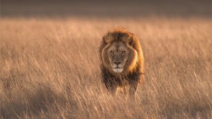 Majestic lion prowling through golden savannah grass at sunset, showcasing strength and elegance in its natural habitat, symbol of wildlife royalty