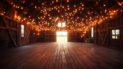 Obraz premium Rustic barn interior with string lights and an open doorway to a field. Ideal for events, weddings, or cozy rural themed designs.