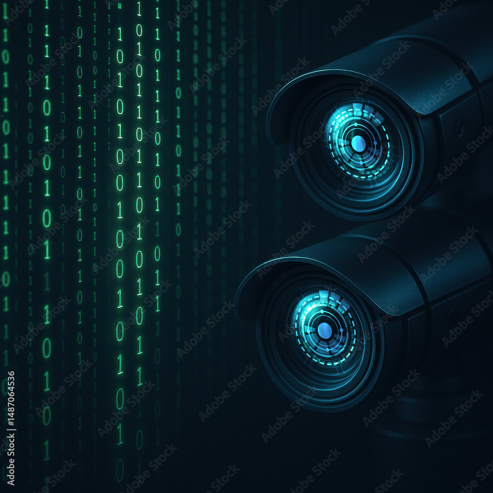 Poster surveillance cameras with digital binary code in dark background for technology concept