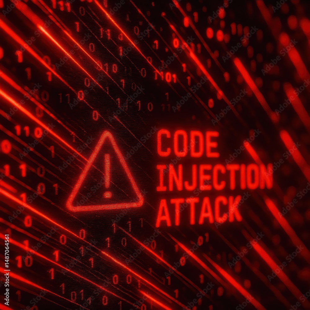 Poster warning sign for cybersecurity threat in digital environment with code injection attack visualizatio