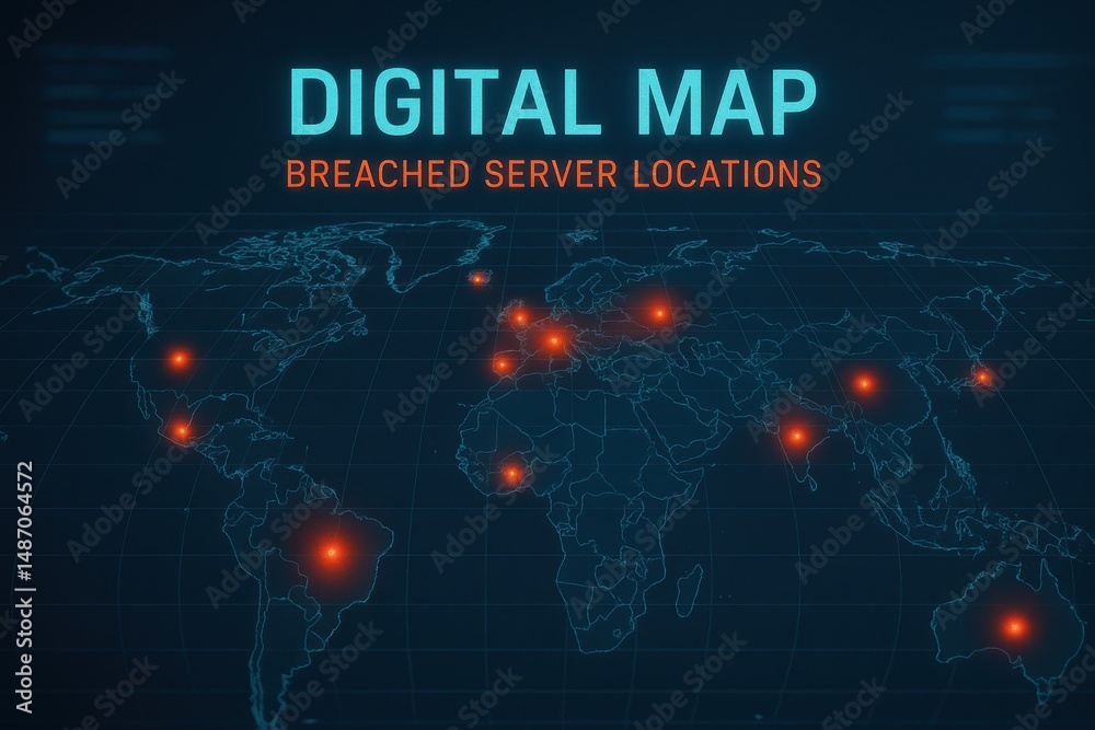 Poster digital map displaying breached server locations across the globe in high-tech style