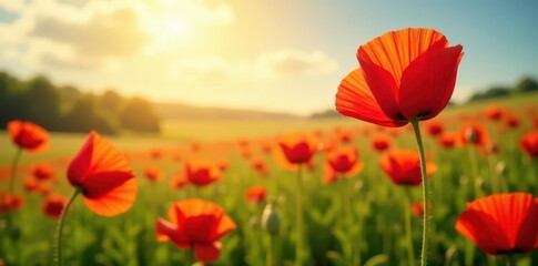 Fototapeta premium Sun-drenched poppies sway gently in a vibrant field, stock photo, plant