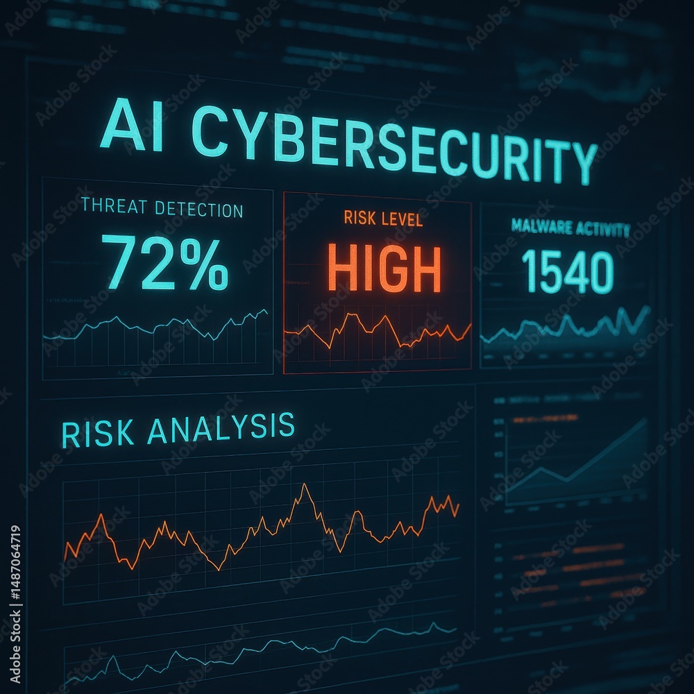 Poster high risk level in ai cybersecurity with threat detection and malware activity data visualization