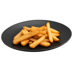 Isolated french fried potato chips, a popular fast food snack, are presented on a plain white...