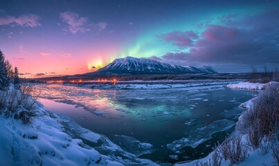 Fototapeta premium Aurora shimmering gently above a snow-draped plateau reflecting softly in icy rivers winding below, Generative AI