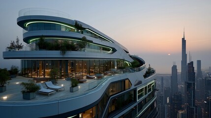 Modern architectural design showcases rooftop terrace with city skyline and sunset in the background