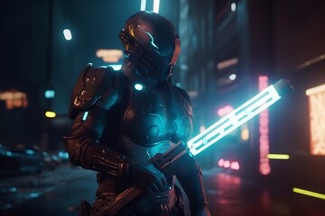 Fototapeta premium Neon City Cyborg Soldier.