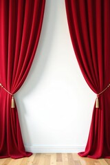Elegant red velvet curtains, pristine white backdrop, art, image