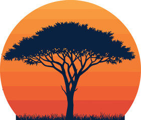 Acacia tree silhouette against orange gradient sunset background vector illustration 
