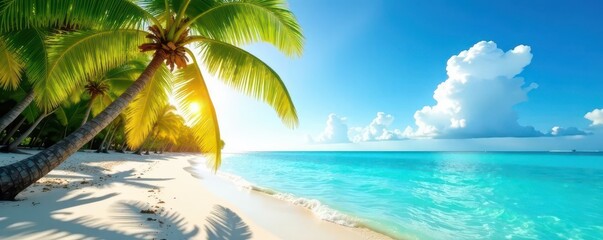 Sun-drenched beach, turquoise water, swaying palms, landscape, image, beach